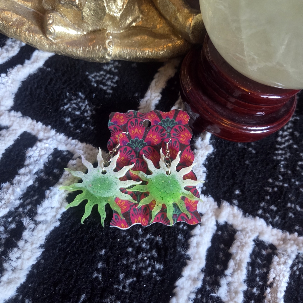 🔥3 For $25 Handmade Green and White Sun Resin Glow In The Dark Earrings